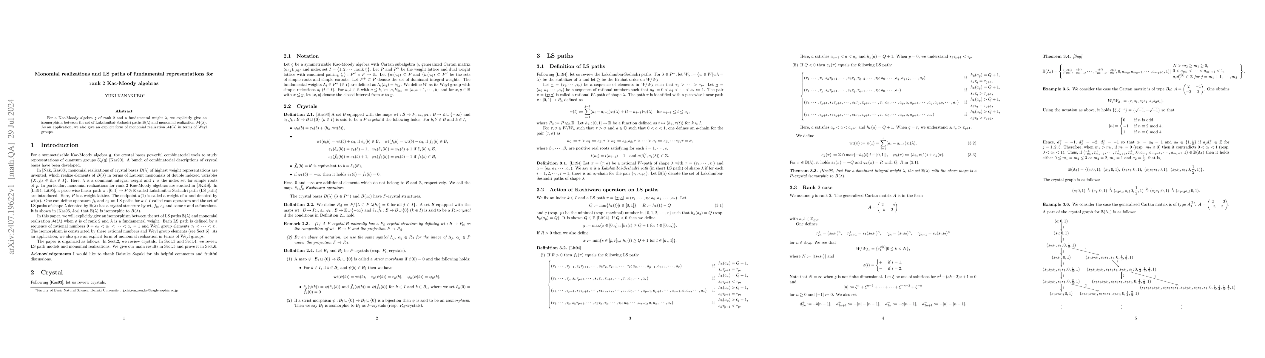 Thumbnail for Monomial realizations and LS paths of fundamental representations for
  rank $2$ Kac-Moody algebras