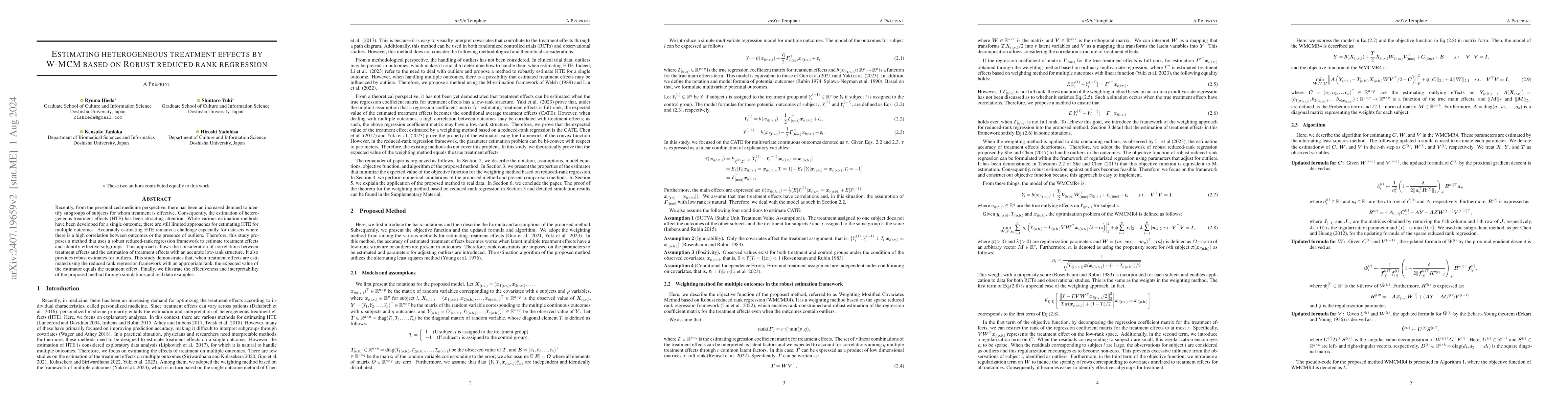 Thumbnail for Estimating heterogeneous treatment effects by W-MCM based on Robust
  reduced rank regression