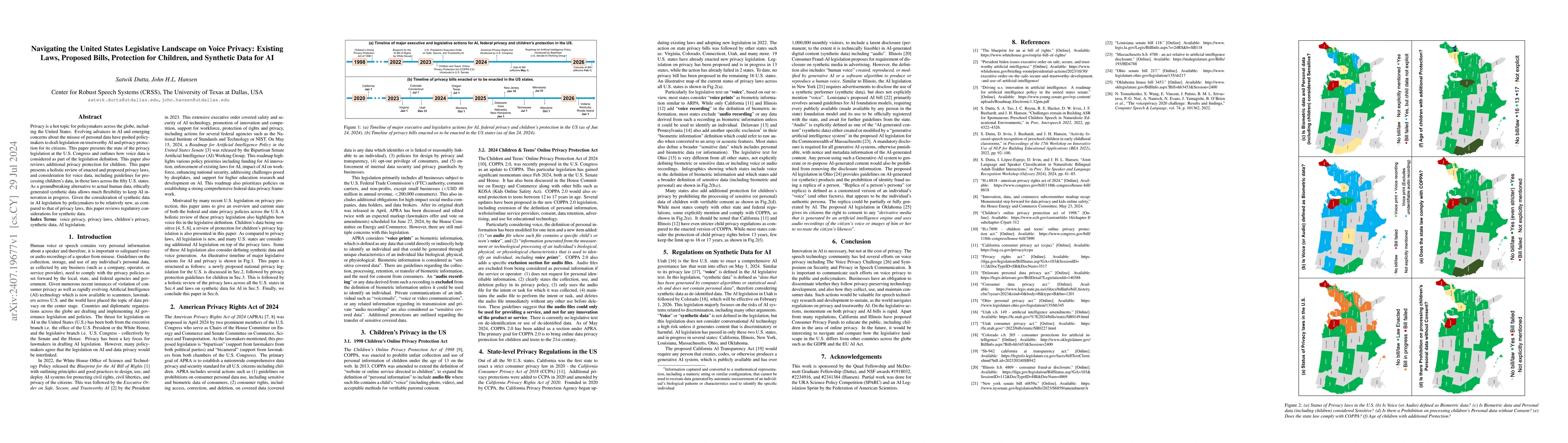 Thumbnail for Navigating the United States Legislative Landscape on Voice Privacy:
  Existing Laws, Proposed Bills, Protection for Children, and Synthetic Data
  for AI