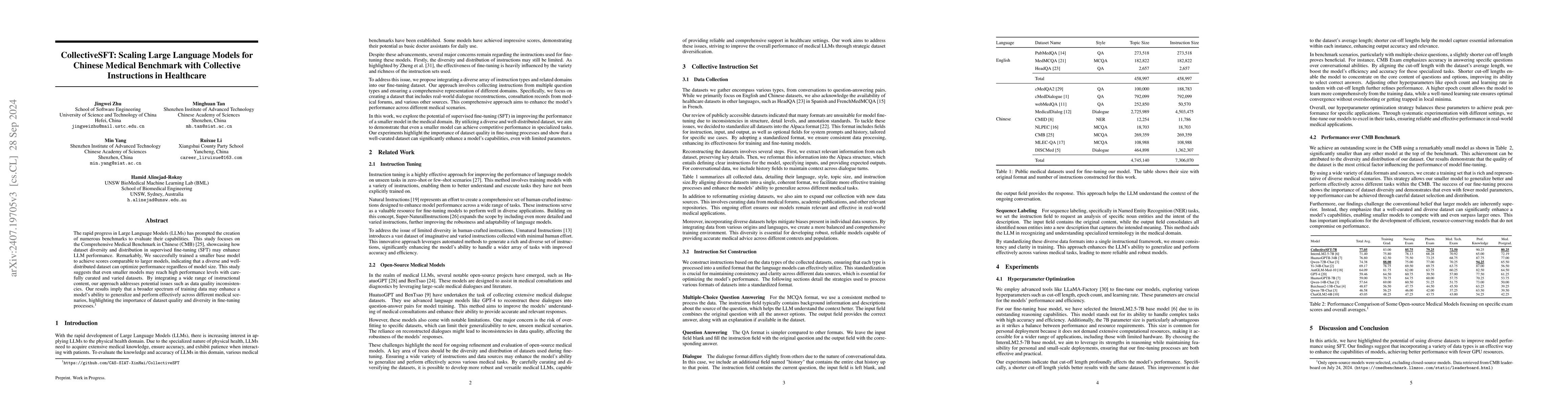 Thumbnail for CollectiveSFT: Scaling Large Language Models for Chinese Medical
  Benchmark with Collective Instructions in Healthcare