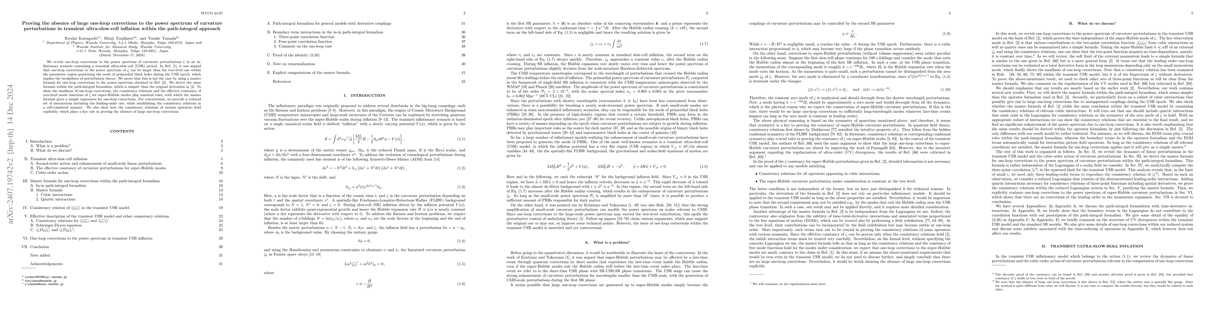 Thumbnail for Proving the absence of large one-loop corrections to the power spectrum
  of curvature perturbations in transient ultra-slow-roll inflation within the
  path-integral approach