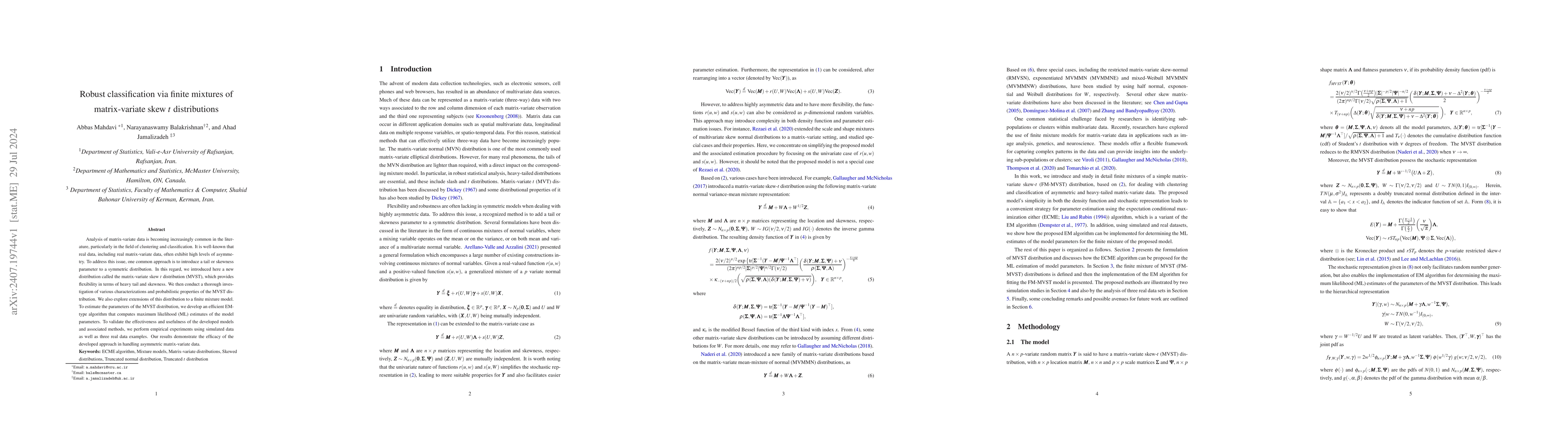 Thumbnail for Robust classification via finite mixtures of matrix-variate skew t
  distributions