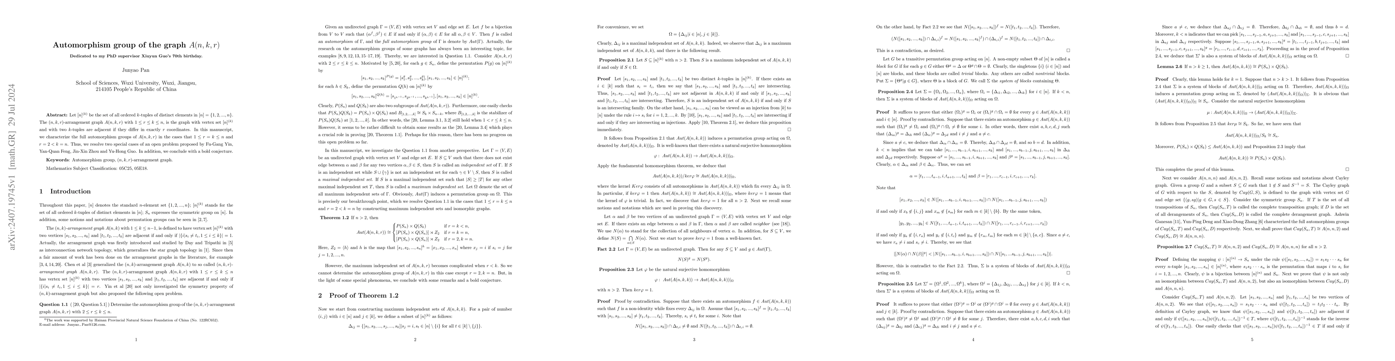 Thumbnail for Automorphism group of the graph $A(n,k,r)$