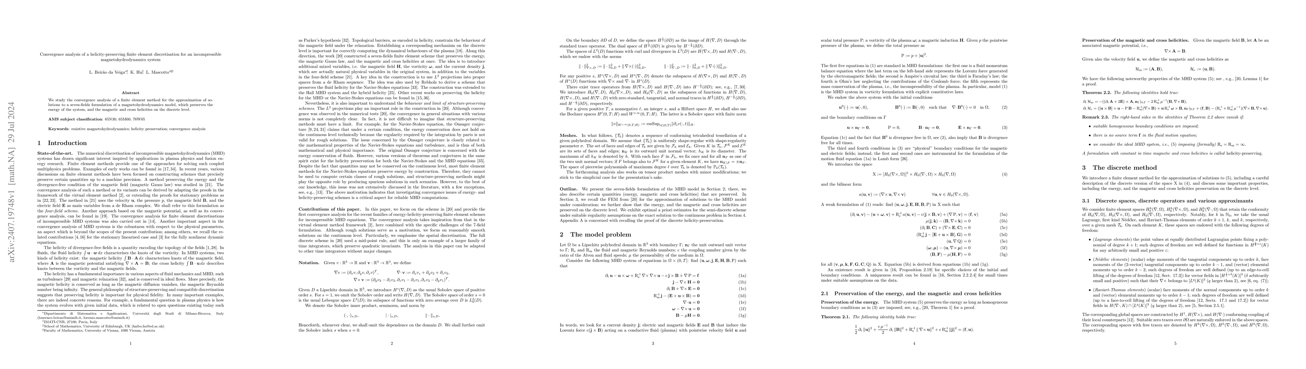 Thumbnail for Convergence analysis of a helicity-preserving finite element
  discretisation for an incompressible magnetohydrodynamics system
