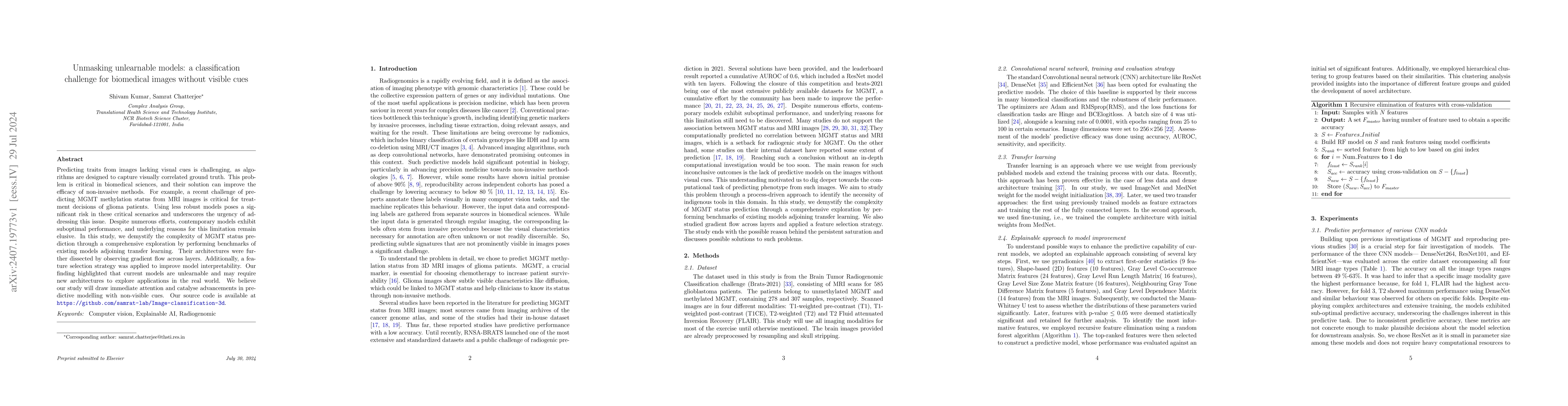 Thumbnail for Unmasking unlearnable models: a classification challenge for biomedical
  images without visible cues