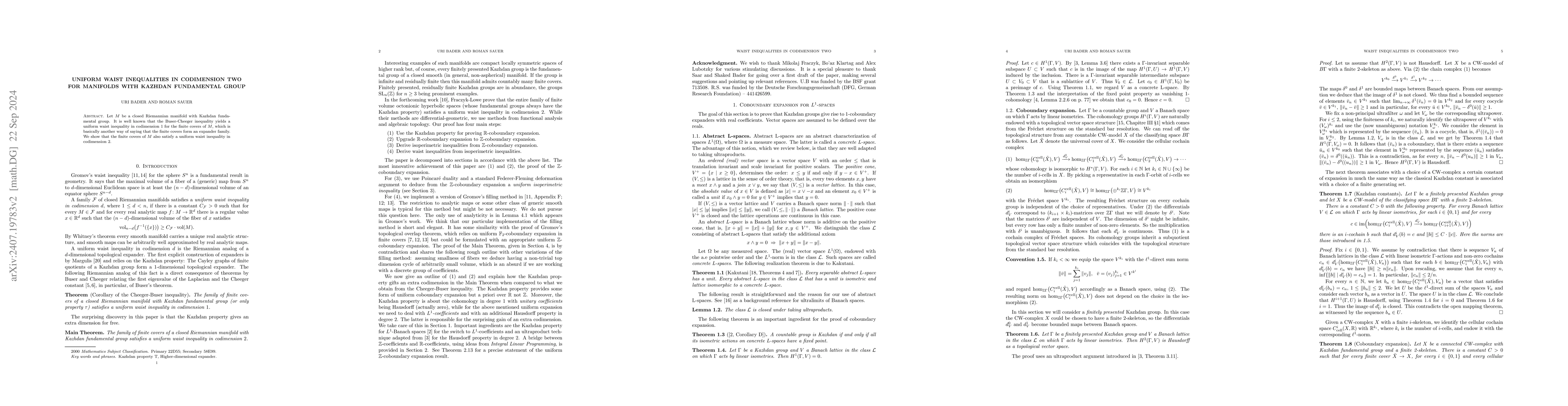 Thumbnail for Uniform waist inequalities in codimension two for manifolds with Kazhdan
  fundamental group