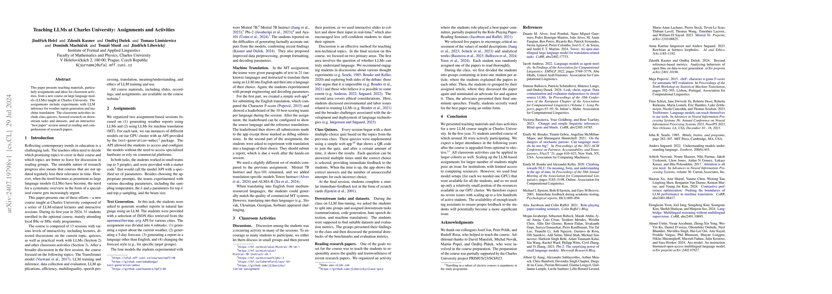 Thumbnail for Teaching LLMs at Charles University: Assignments and Activities