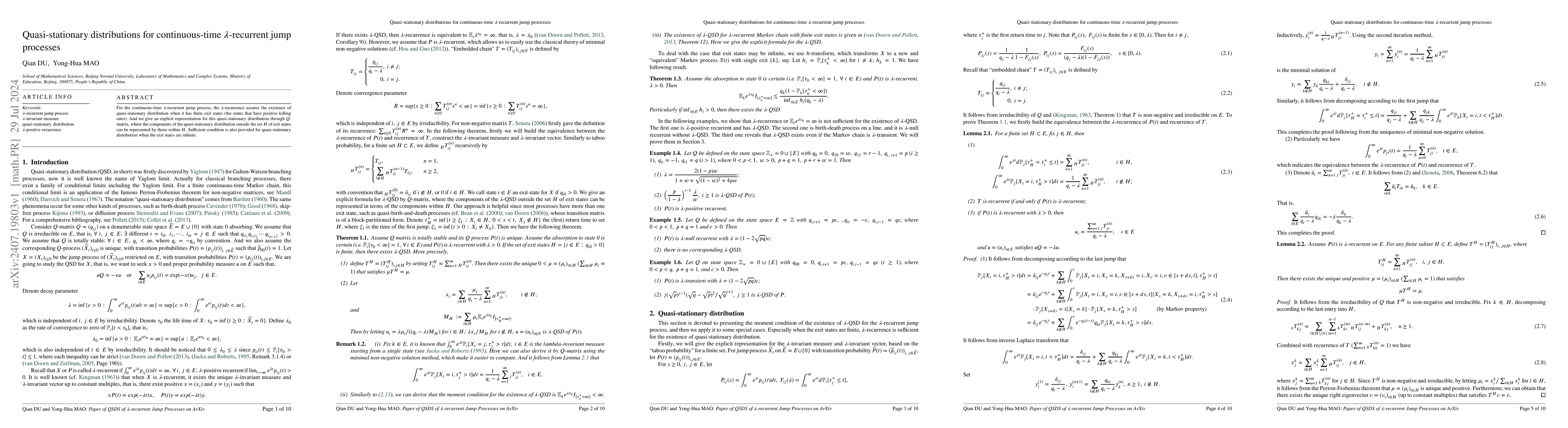 Thumbnail for Quasi-stationary distributions for continuous-time $λ$-recurrent
  jump processes