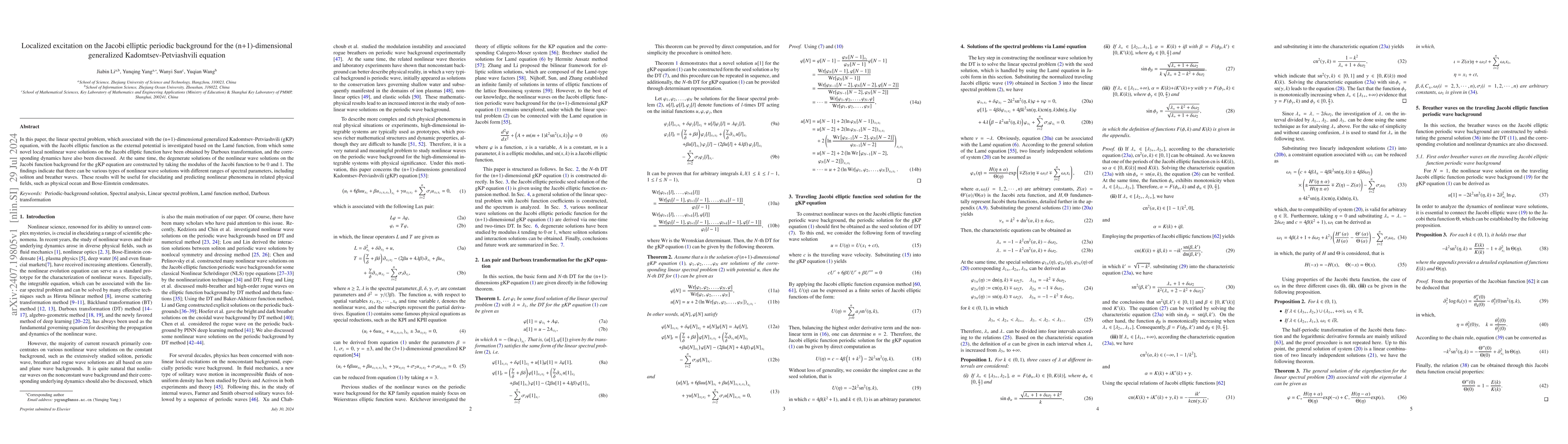 Thumbnail for Localized excitation on the Jacobi elliptic periodic background for the
  (n+1)-dimensional generalized Kadomtsev-Petviashvili equation