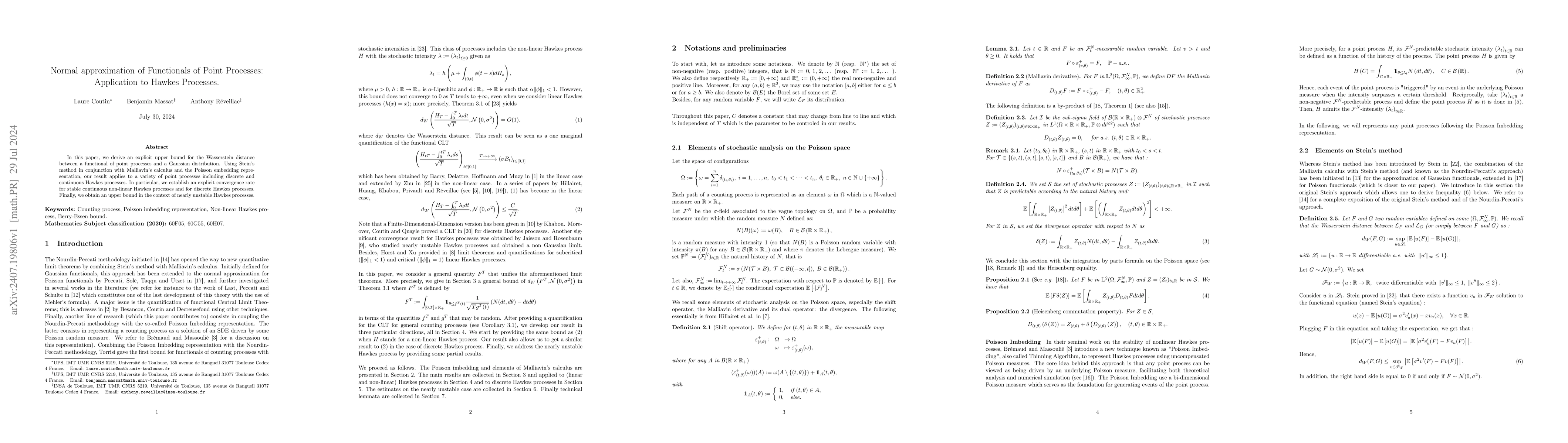 Thumbnail for Normal approximation of Functionals of Point Processes: Application to
  Hawkes Processes