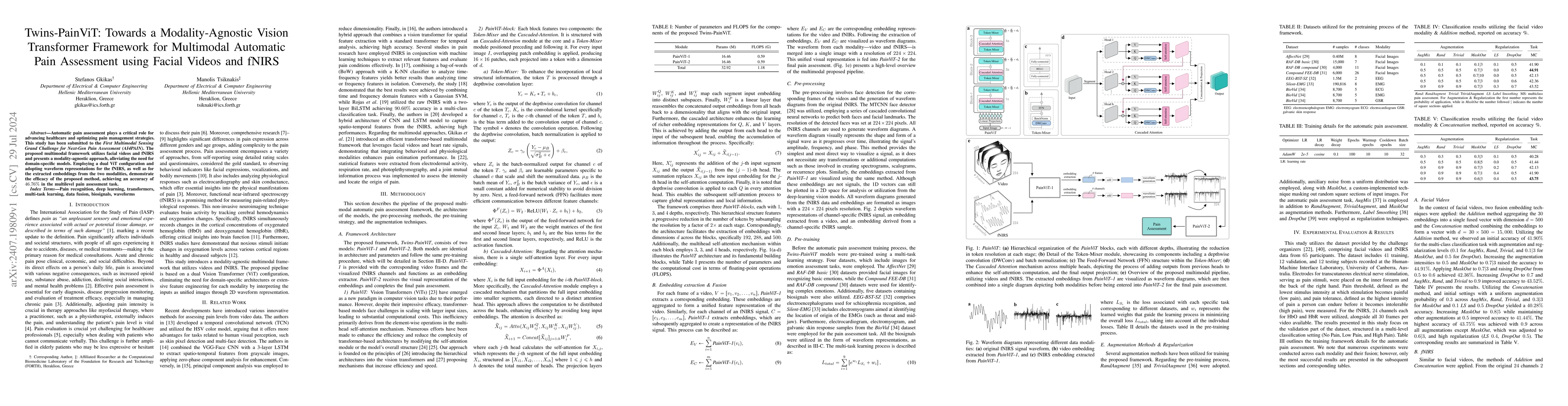 Thumbnail for Twins-PainViT: Towards a Modality-Agnostic Vision Transformer Framework
  for Multimodal Automatic Pain Assessment using Facial Videos and fNIRS