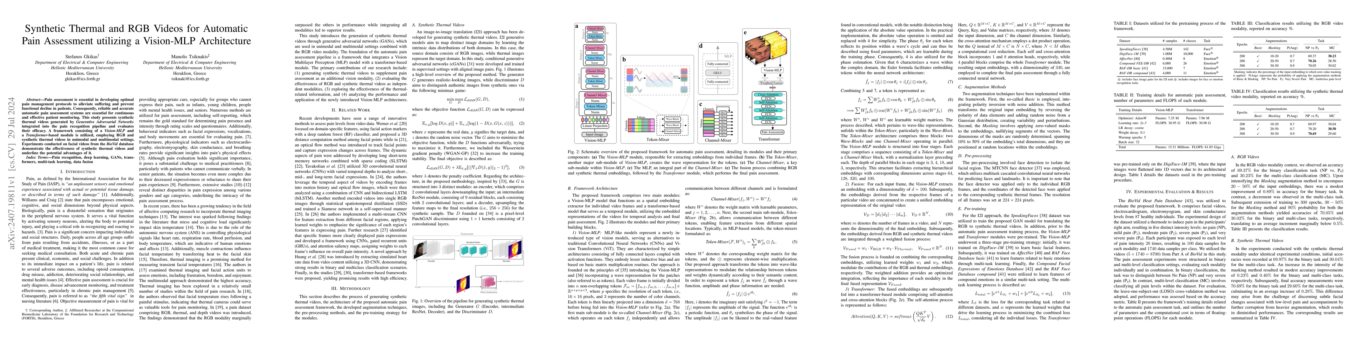 Thumbnail for Synthetic Thermal and RGB Videos for Automatic Pain Assessment utilizing
  a Vision-MLP Architecture