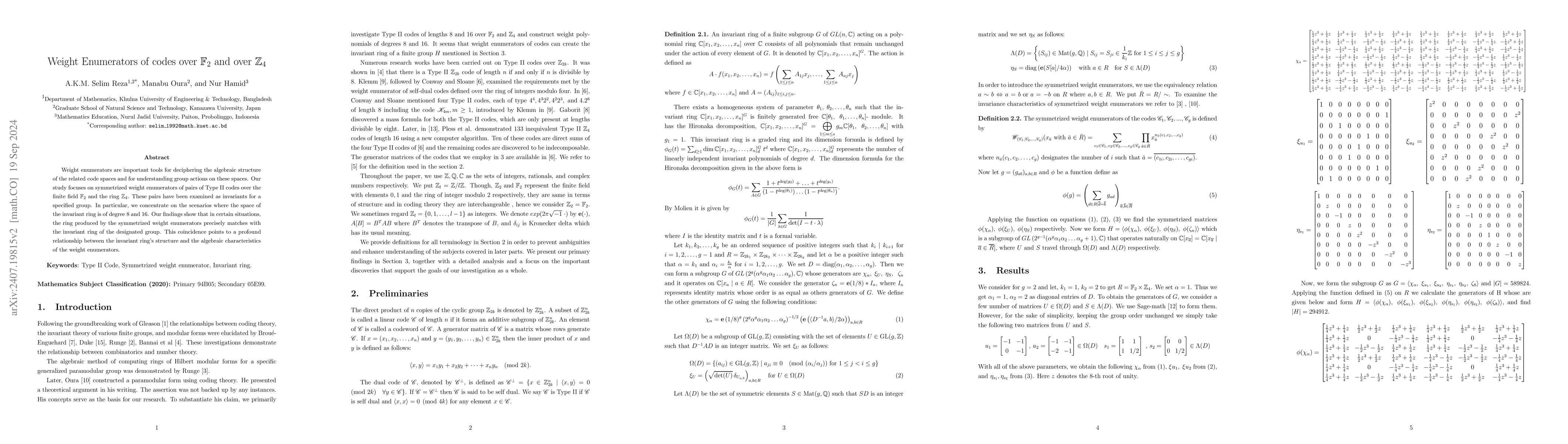 Thumbnail for Weight Enumerators of codes over $\mathbb{F}_2$ and over $\mathbb{Z}_4$