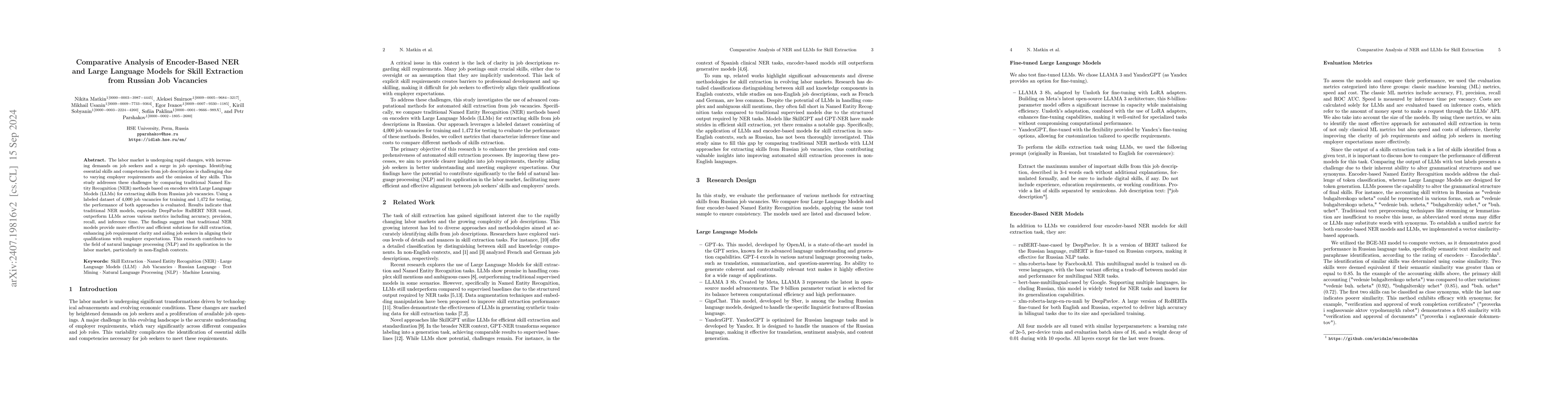 Thumbnail for Comparative Analysis of Encoder-Based NER and Large Language Models for
  Skill Extraction from Russian Job Vacancies