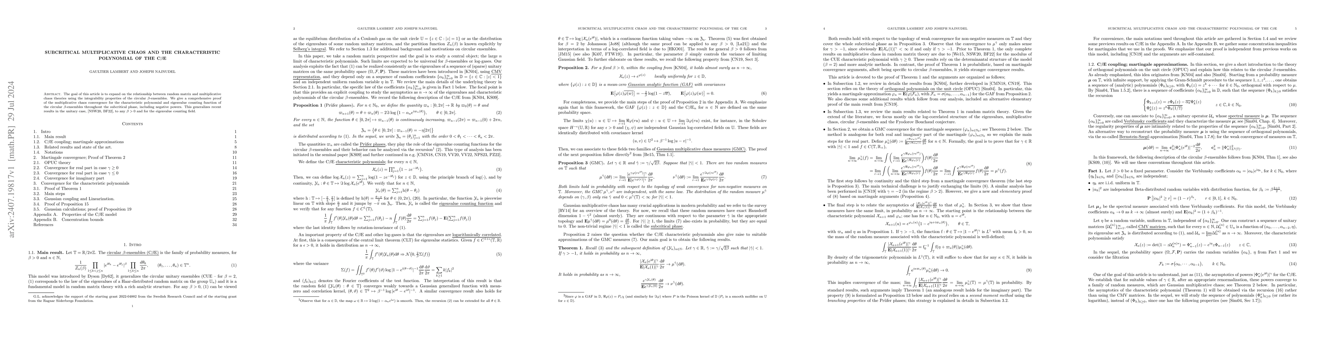 Thumbnail for Subcritical multiplicative chaos and the characteristic polynomial of
  the C$β$E