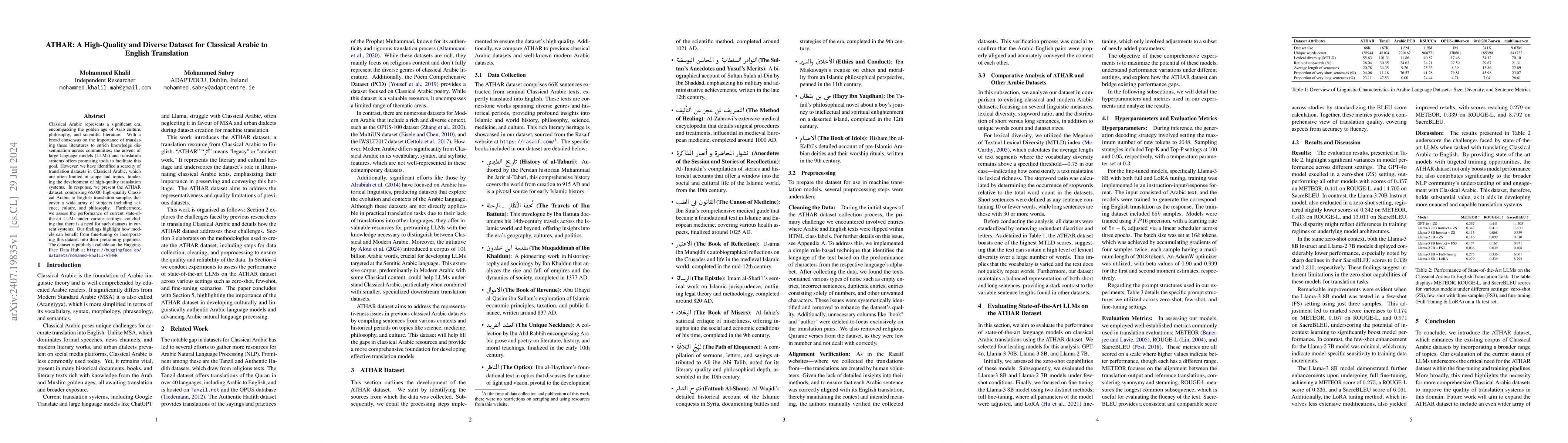 Thumbnail for ATHAR: A High-Quality and Diverse Dataset for Classical Arabic to
  English Translation