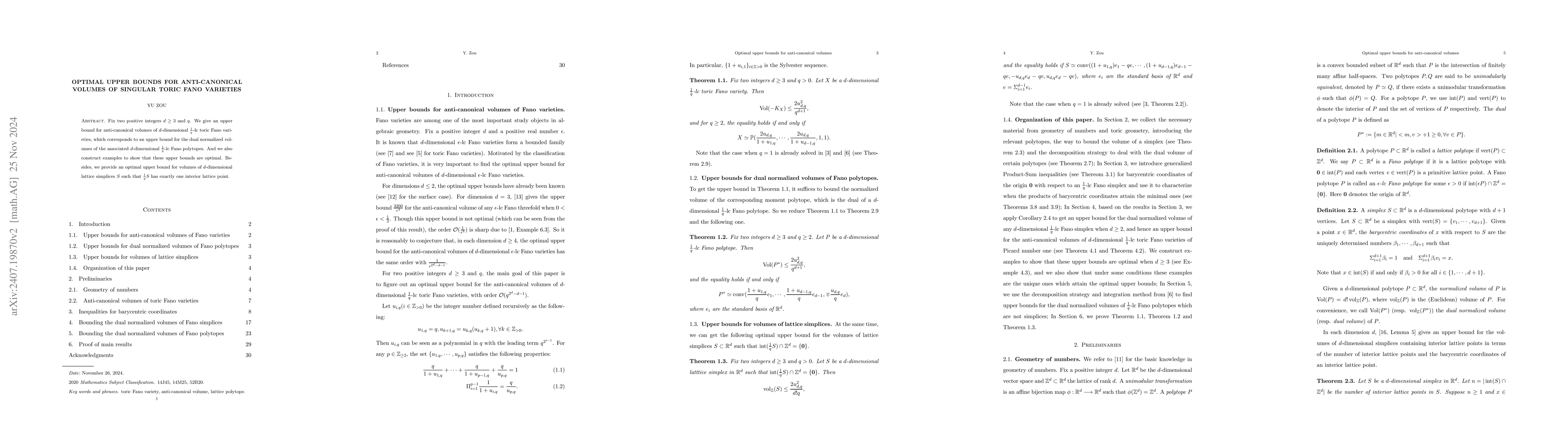 Thumbnail for Optimal upper bounds for anti-canonical volumes of singular toric Fano
  varieties