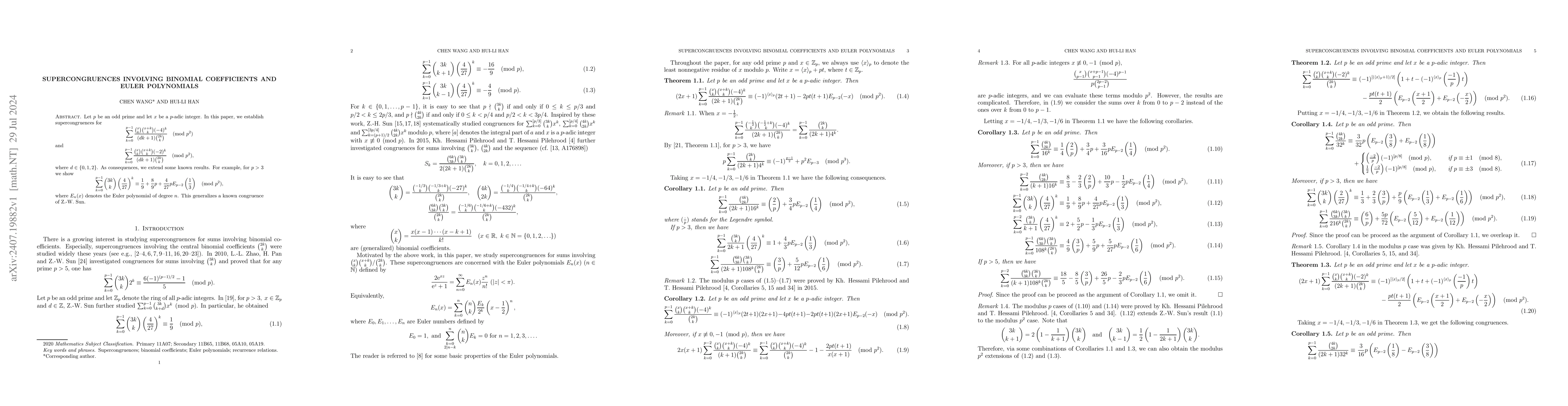 Thumbnail for Supercongruences involving binomial coefficients and Euler polynomials