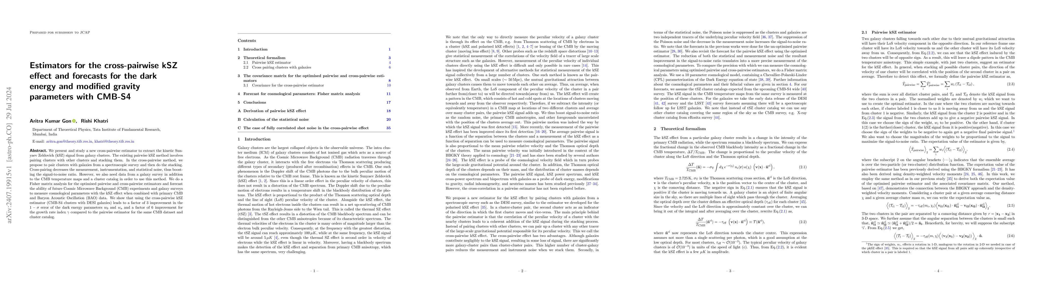 Thumbnail for Estimators for the cross-pairwise kSZ effect and forecasts for the dark
  energy and modified gravity parameters with CMB-S4