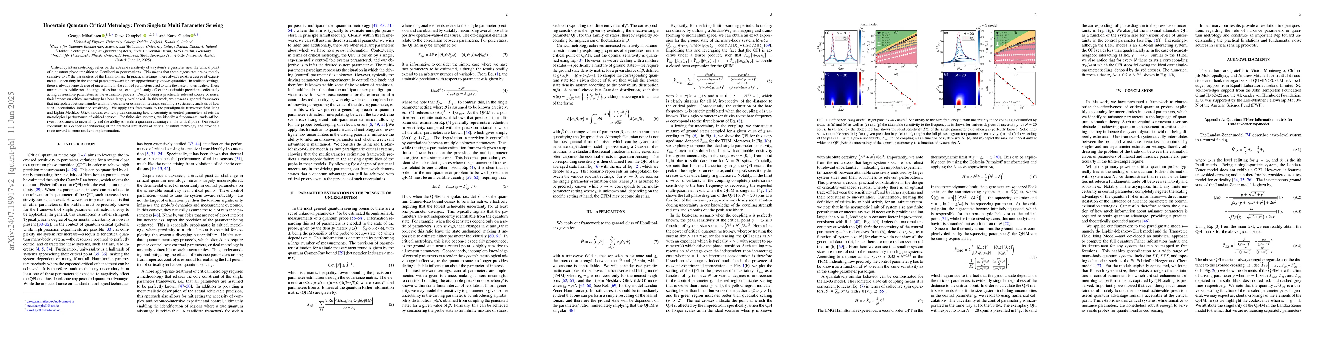 Thumbnail for Uncertain Quantum Critical Metrology: From Single to Multi Parameter
  Sensing