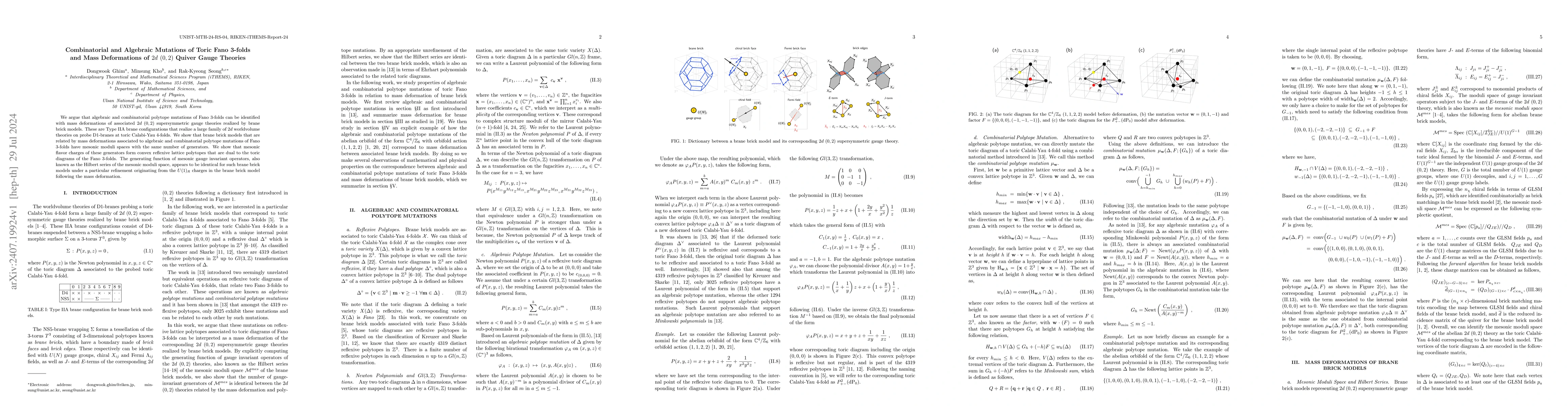 Thumbnail for Combinatorial and Algebraic Mutations of Toric Fano 3-folds and Mass
  Deformations of 2d (0,2) Quiver Gauge Theories