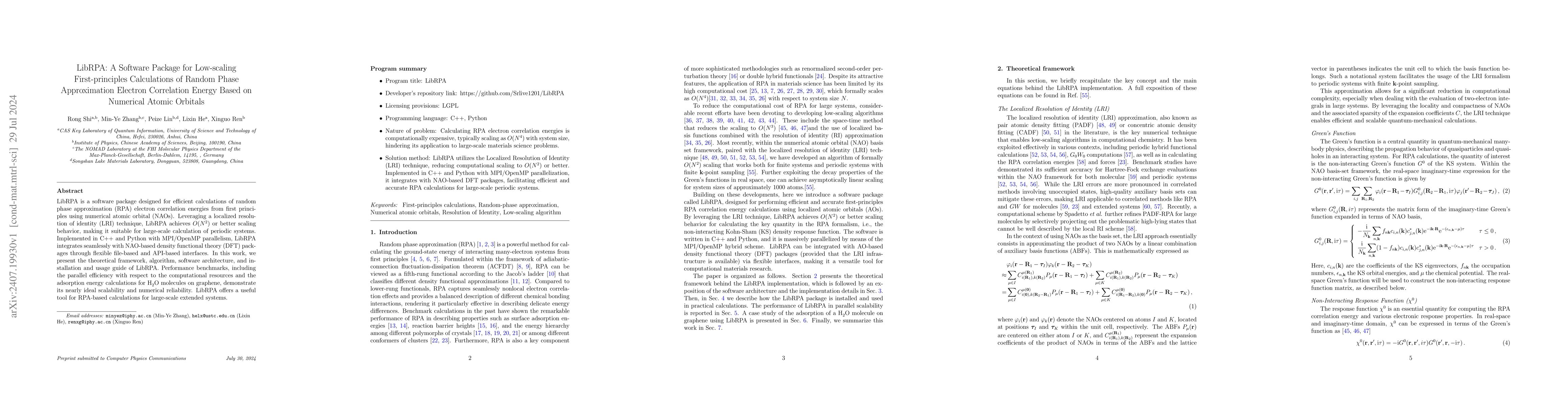 Thumbnail for LibRPA: A Software Package for Low-scaling First-principles Calculations
  of Random Phase Approximation Electron Correlation Energy Based on Numerical
  Atomic Orbitals