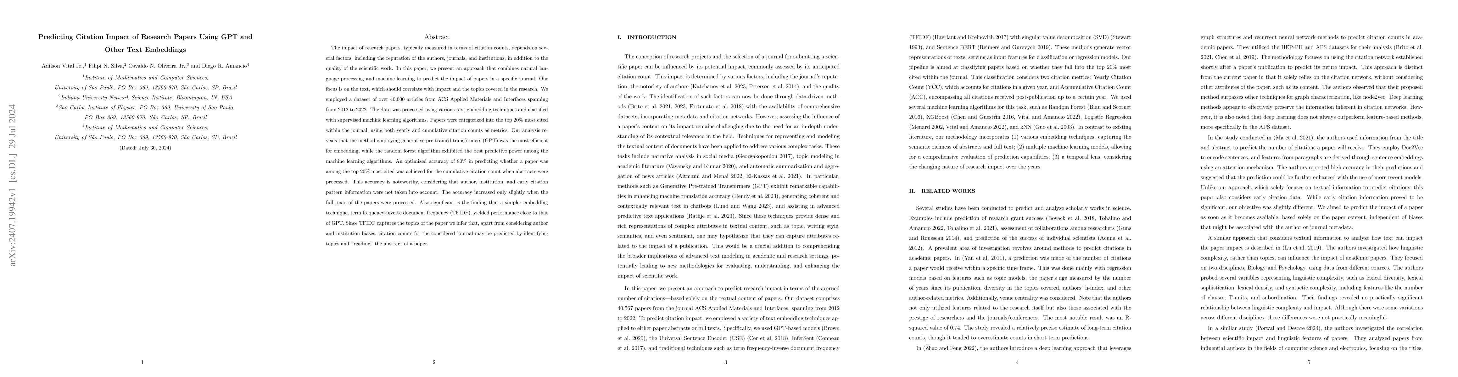 Thumbnail for Predicting citation impact of research papers using GPT and other text
  embeddings