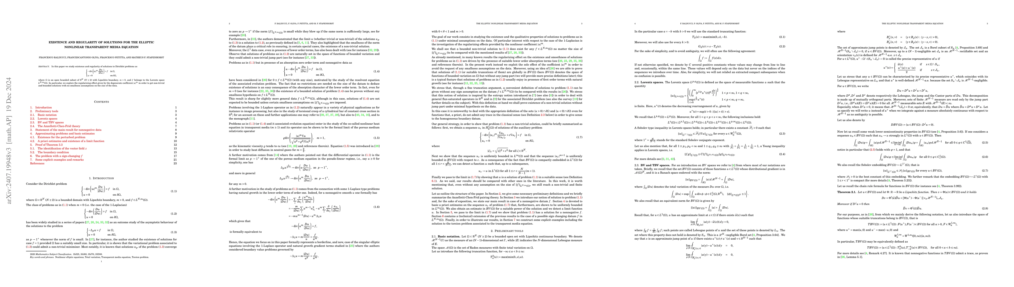 Thumbnail for Existence and regularity of solutions for the elliptic nonlinear
  transparent media equation