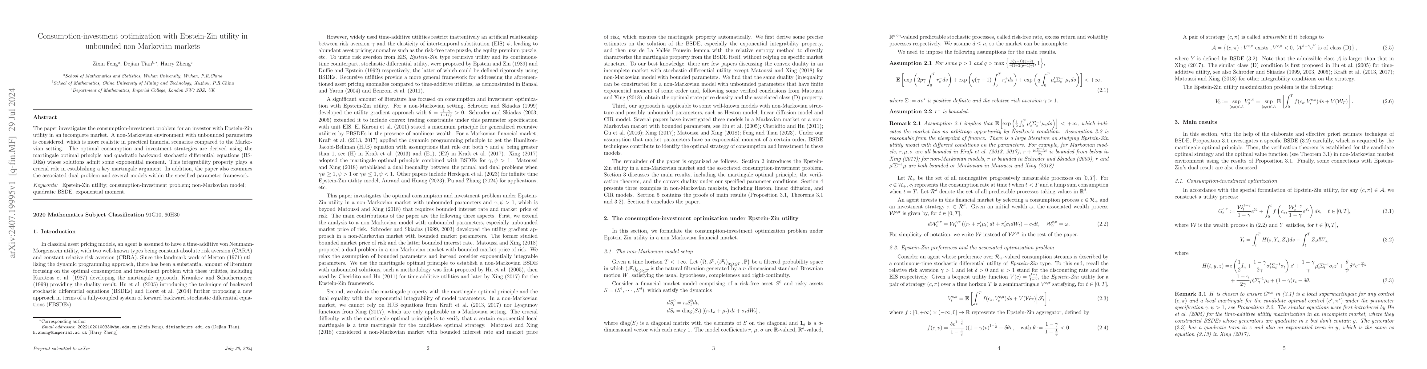 Thumbnail for Consumption-investment optimization with Epstein-Zin utility in
  unbounded non-Markovian markets