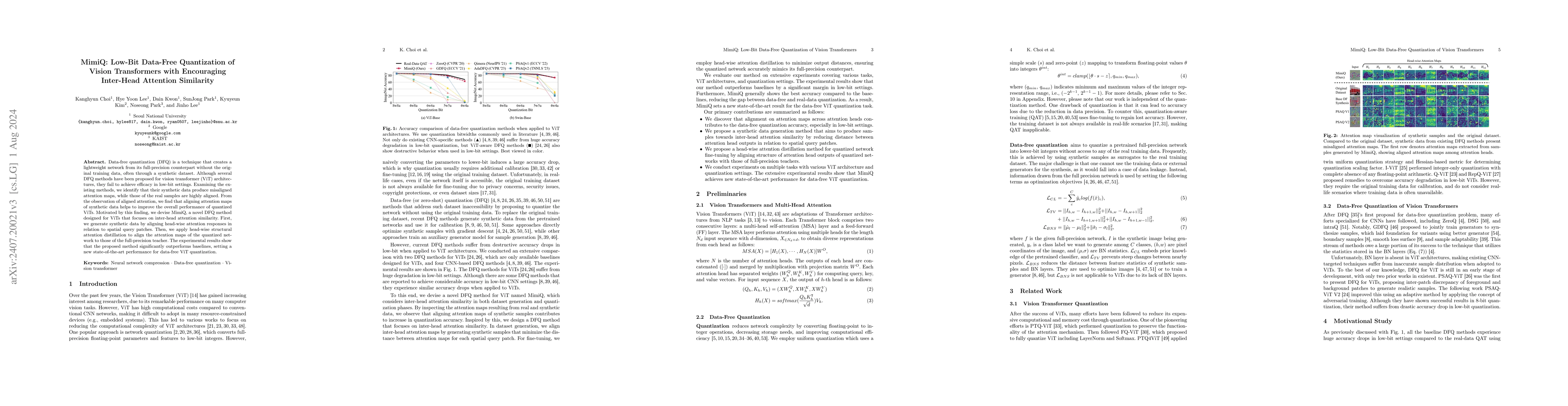 Thumbnail for MimiQ: Low-Bit Data-Free Quantization of Vision Transformers with
  Encouraging Inter-Head Attention Similarity