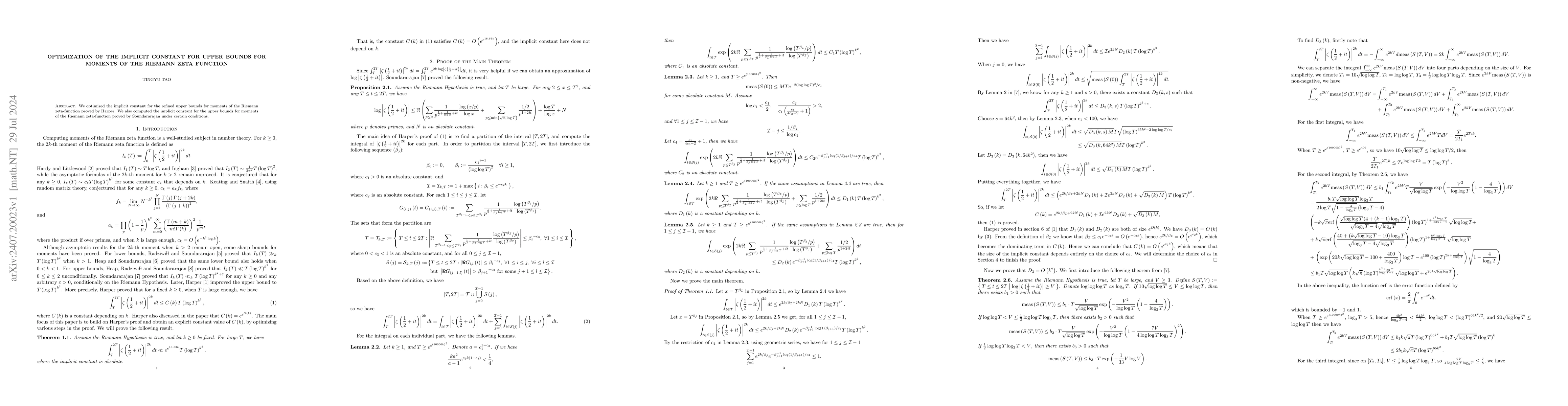 Thumbnail for Optimization of the Implicit Constant for Upper Bounds for Moments of
  the Riemann zeta Function