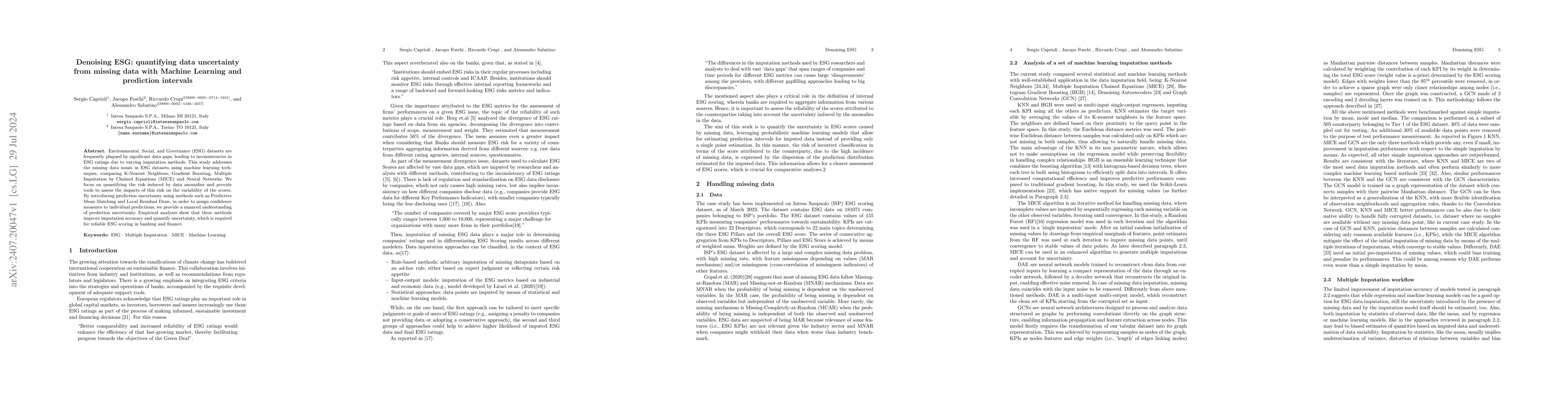 Thumbnail for Denoising ESG: quantifying data uncertainty from missing data with
  Machine Learning and prediction intervals
