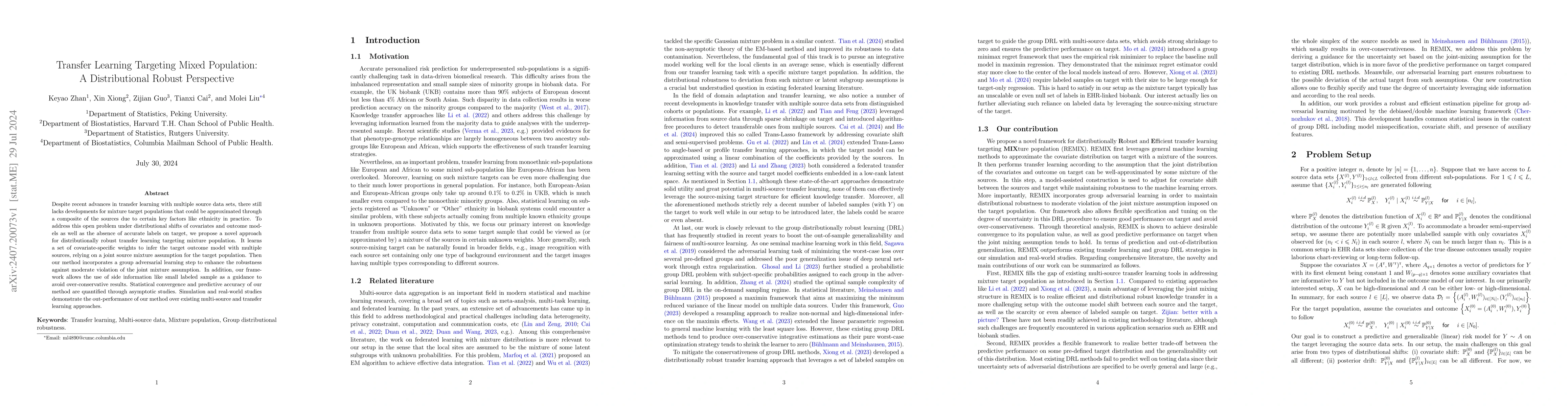 Thumbnail for Transfer Learning Targeting Mixed Population: A Distributional Robust
  Perspective