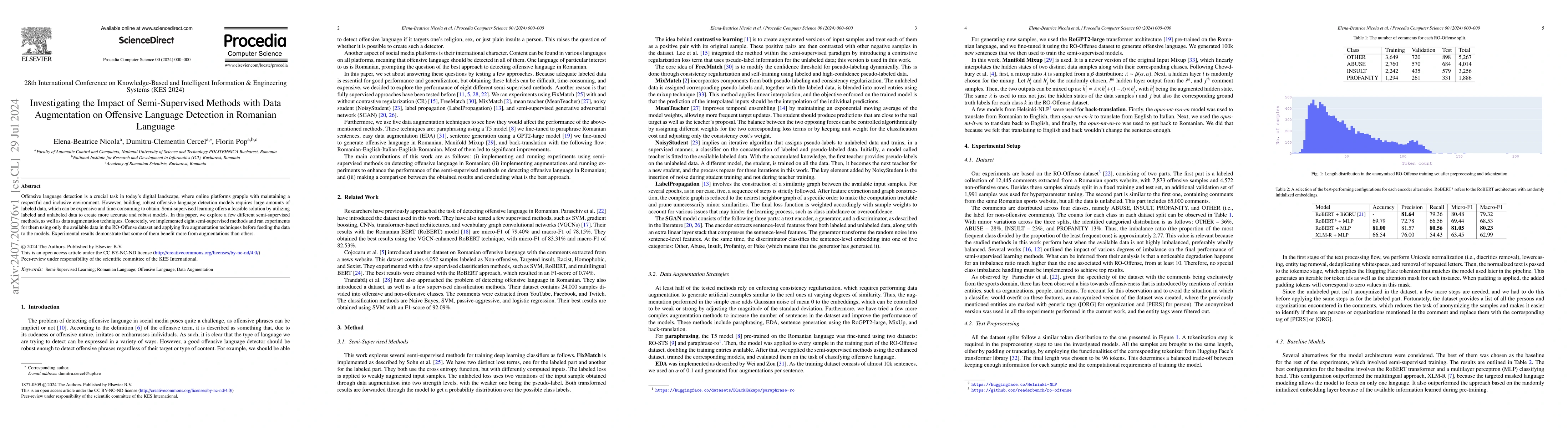 Thumbnail for Investigating the Impact of Semi-Supervised Methods with Data
  Augmentation on Offensive Language Detection in Romanian Language