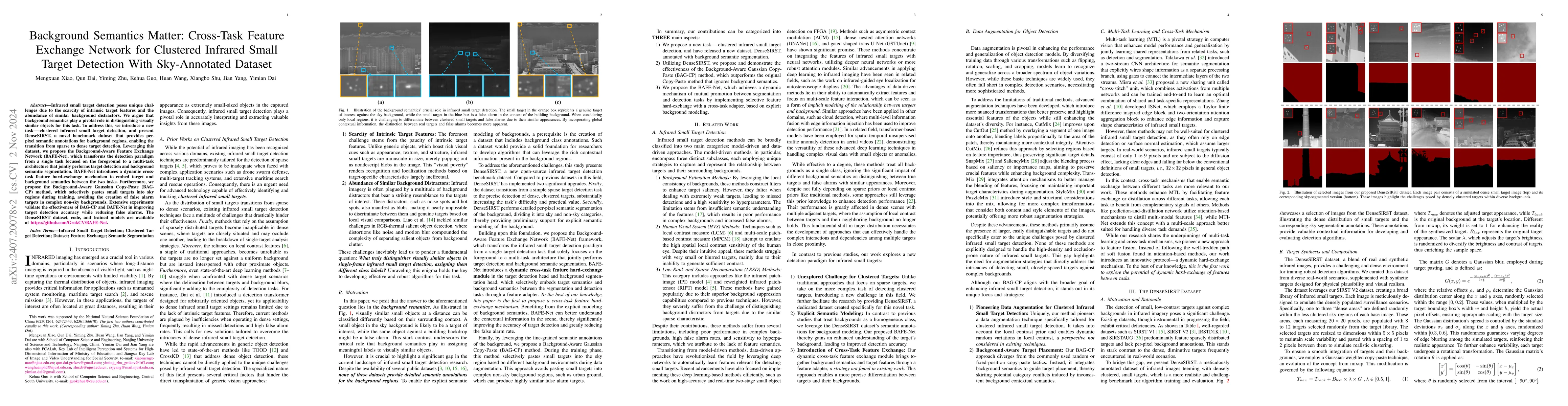 Thumbnail for Background Semantics Matter: Cross-Task Feature Exchange Network for
  Clustered Infrared Small Target Detection With Sky-Annotated Dataset