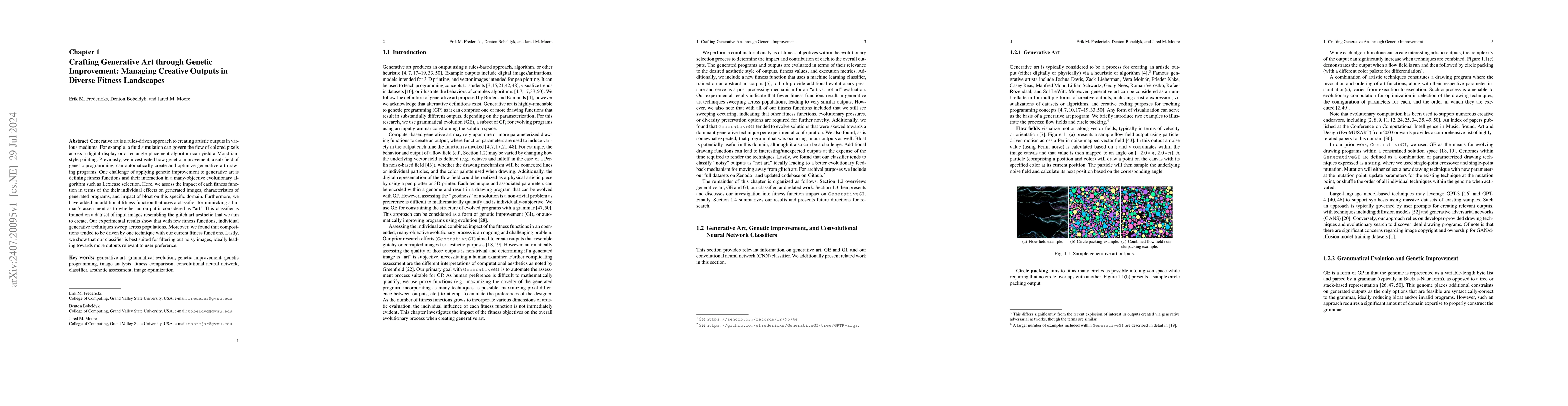 Thumbnail for Crafting Generative Art through Genetic Improvement: Managing Creative
  Outputs in Diverse Fitness Landscapes