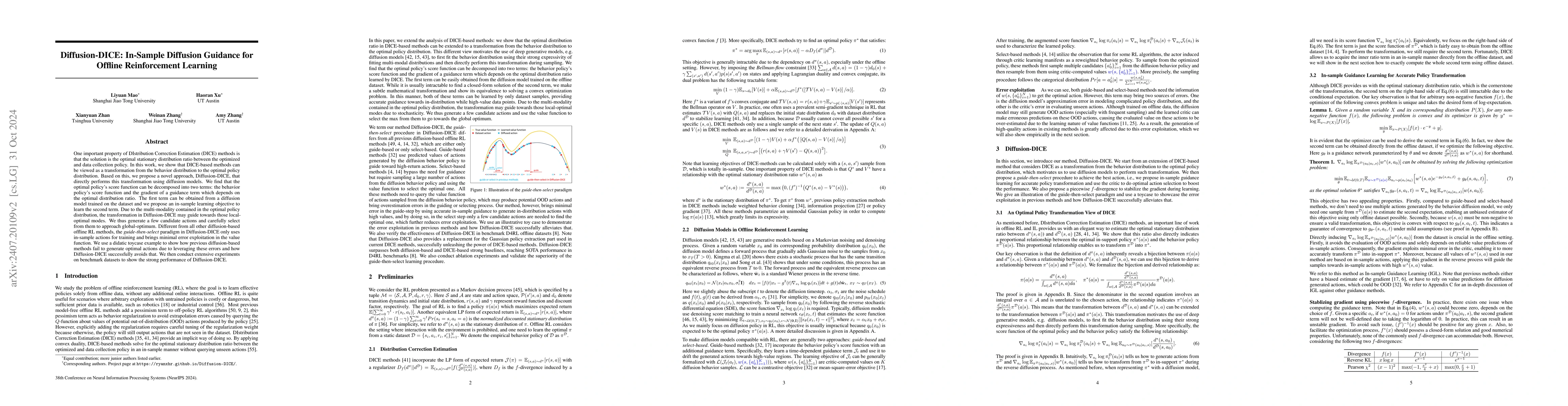 Thumbnail for Diffusion-DICE: In-Sample Diffusion Guidance for Offline Reinforcement
  Learning