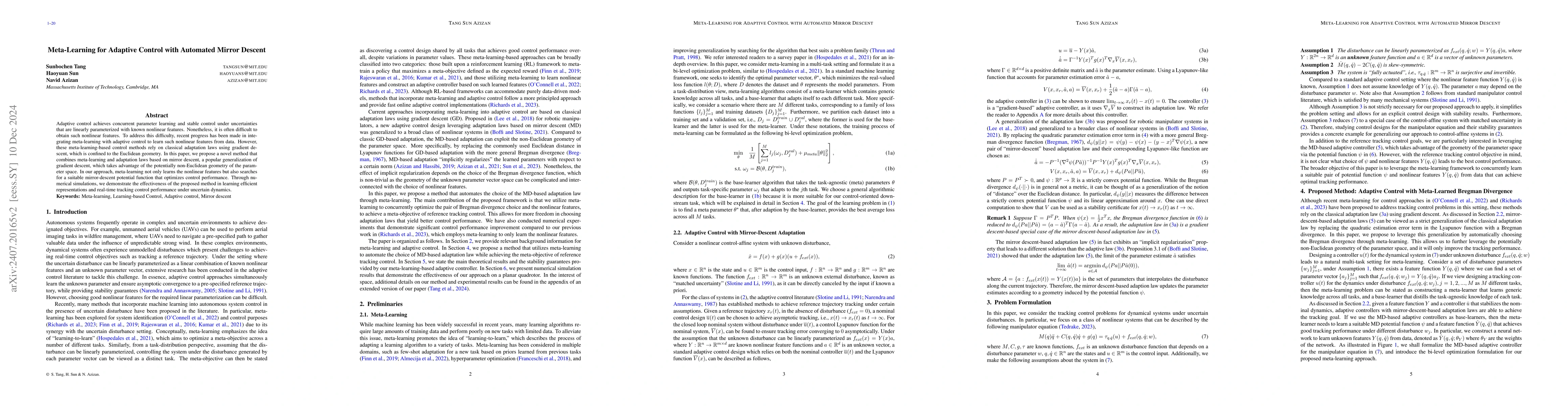 Thumbnail for Meta-Learning for Adaptive Control with Automated Mirror Descent