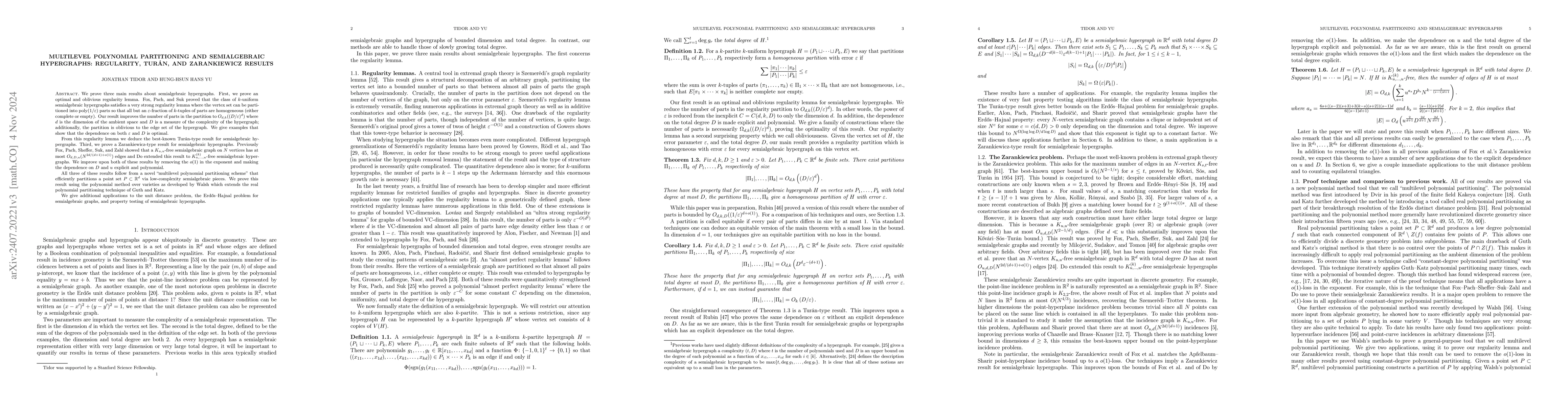 Thumbnail for Multilevel polynomial partitioning and semialgebraic hypergraphs:
  regularity, TurĂĄn, and Zarankiewicz results