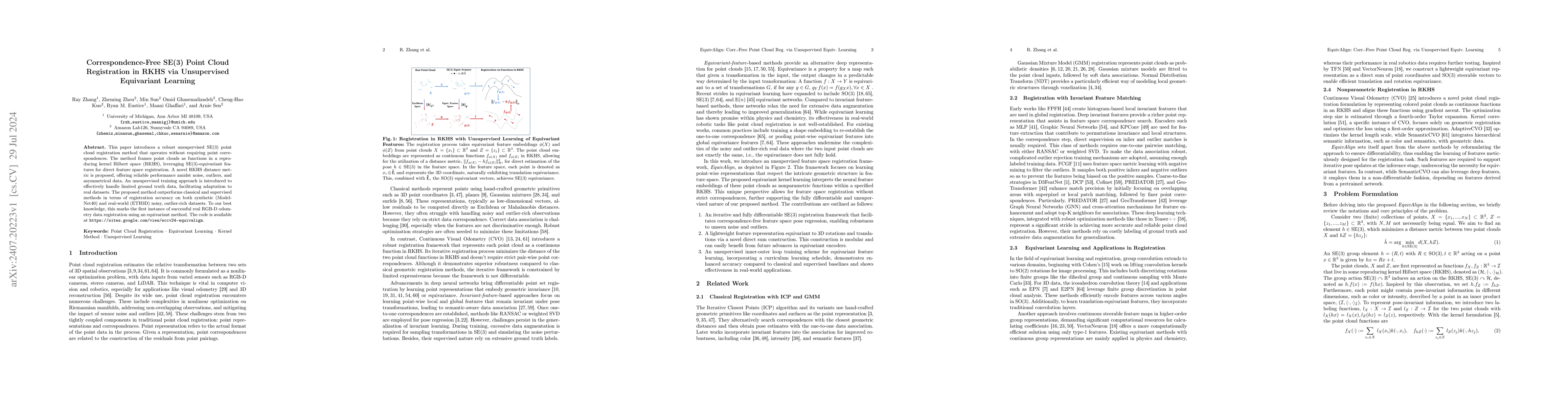 Thumbnail for Correspondence-Free SE(3) Point Cloud Registration in RKHS via
  Unsupervised Equivariant Learning