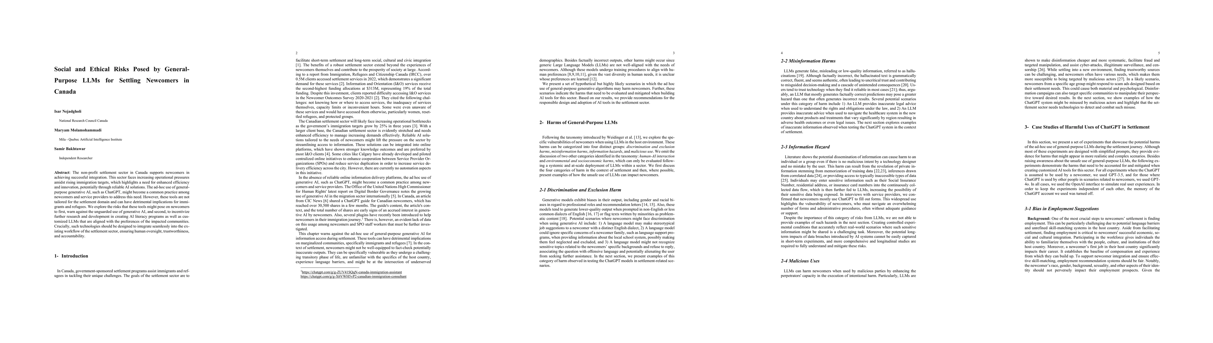 Thumbnail for Social and Ethical Risks Posed by General-Purpose LLMs for Settling
  Newcomers in Canada