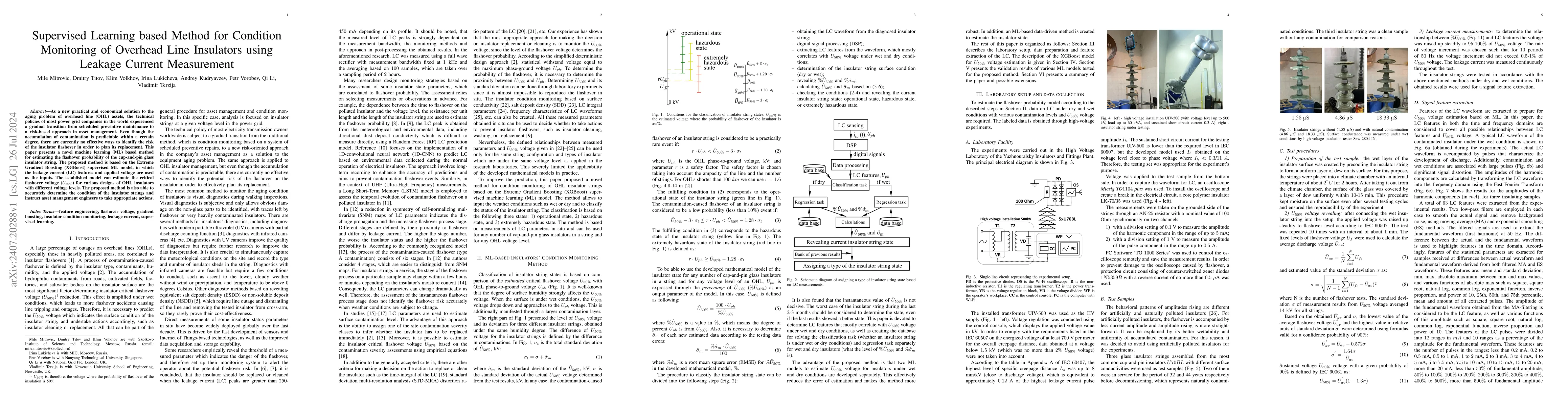 Thumbnail for Supervised Learning based Method for Condition Monitoring of Overhead
  Line Insulators using Leakage Current Measurement