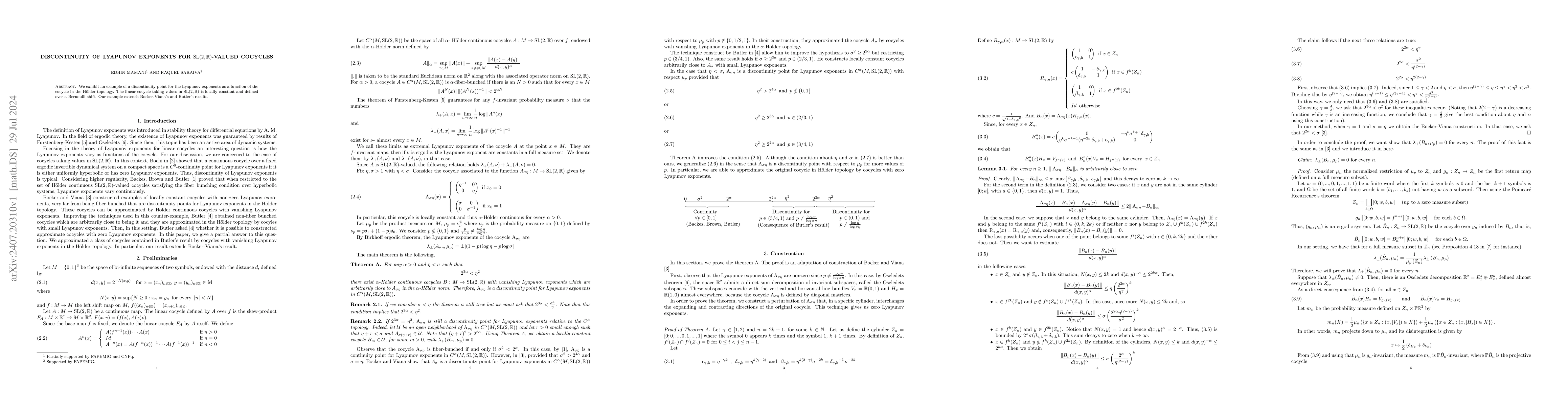 Thumbnail for Discontinuity of Lyapunov exponents for SL$(2,\mathbb{R})$ valued
  cocycles