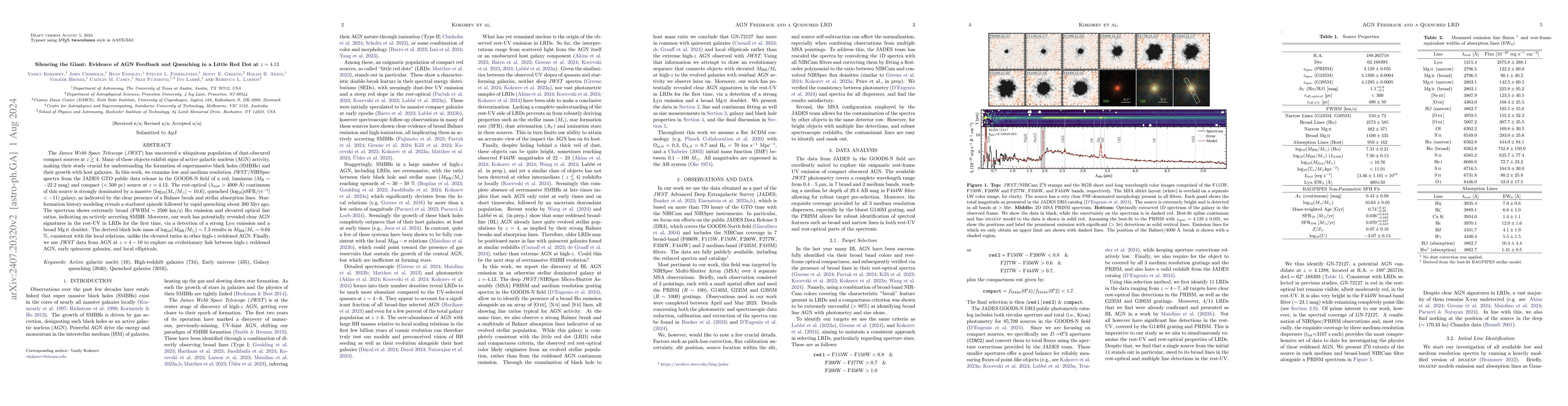 Thumbnail for Silencing the Giant: Evidence of AGN Feedback and Quenching in a Little
  Red Dot at z = 4.13