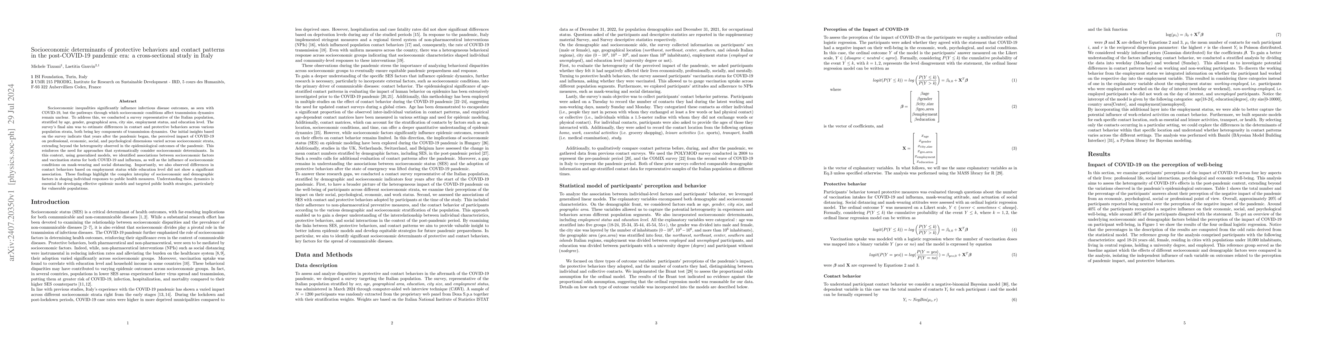 Thumbnail for Socioeconomic determinants of protective behaviors and contact patterns
  in the post-COVID-19 pandemic era: a cross-sectional study in Italy