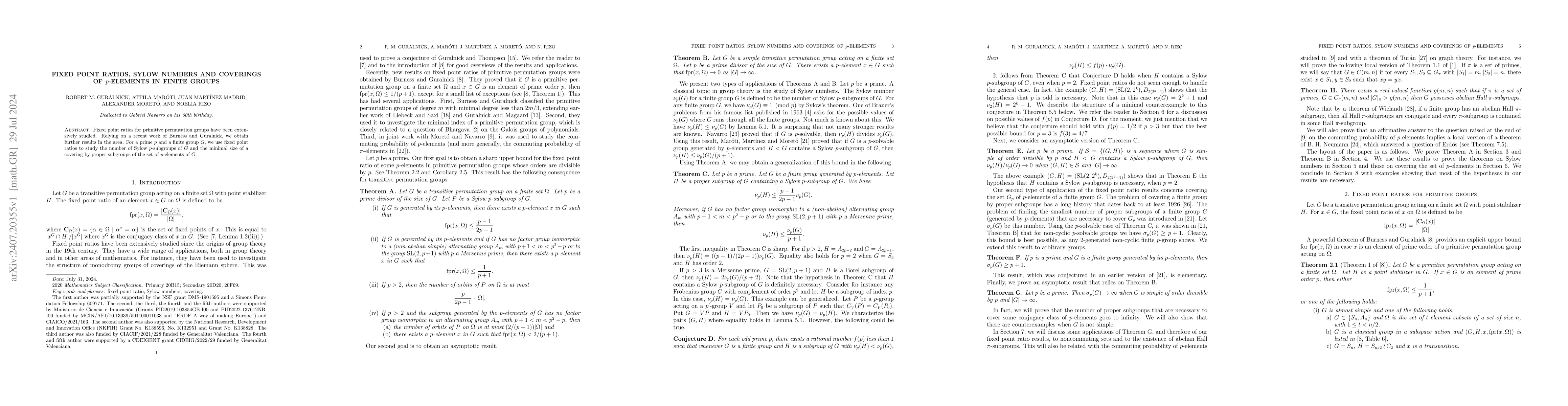 Thumbnail for Fixed point ratios, Sylow numbers and coverings of $p$-elements in
  finite groups