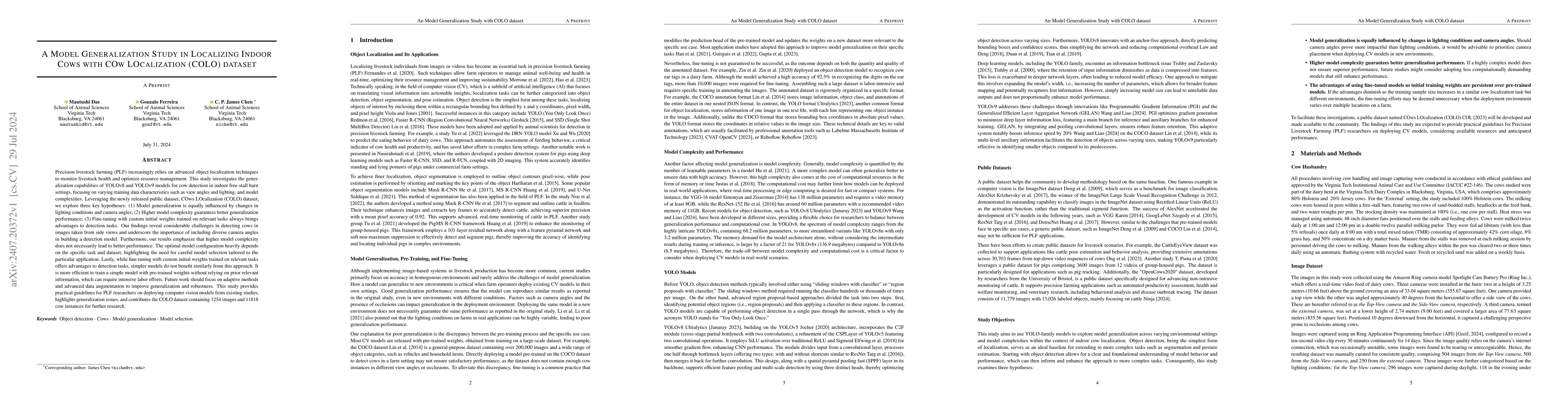 Thumbnail for A Model Generalization Study in Localizing Indoor Cows with COw
  LOcalization (COLO) dataset