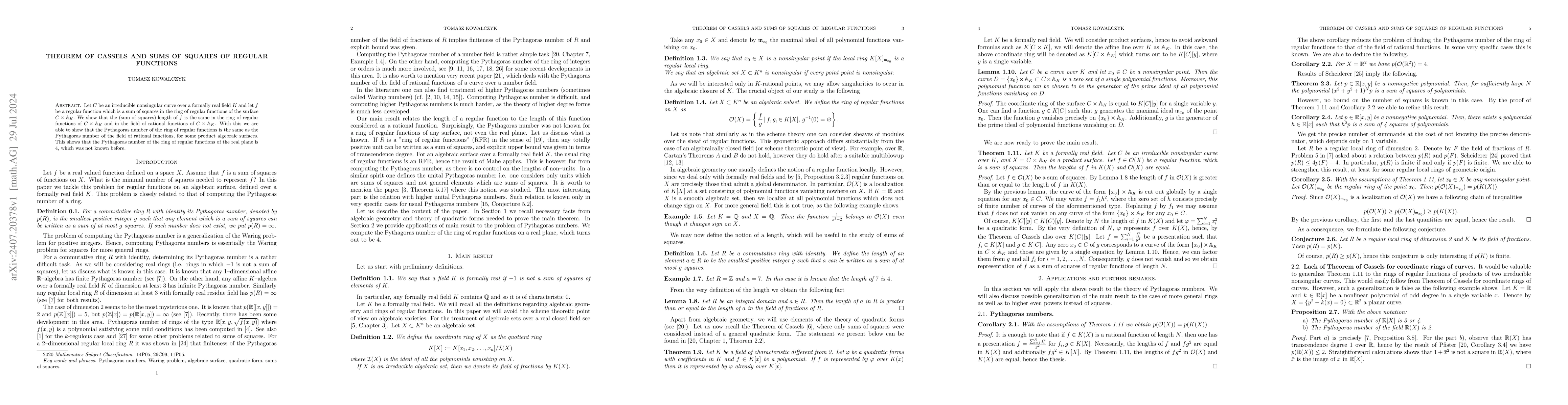 Thumbnail for Theorem of Cassels and sums of squares of regular functions