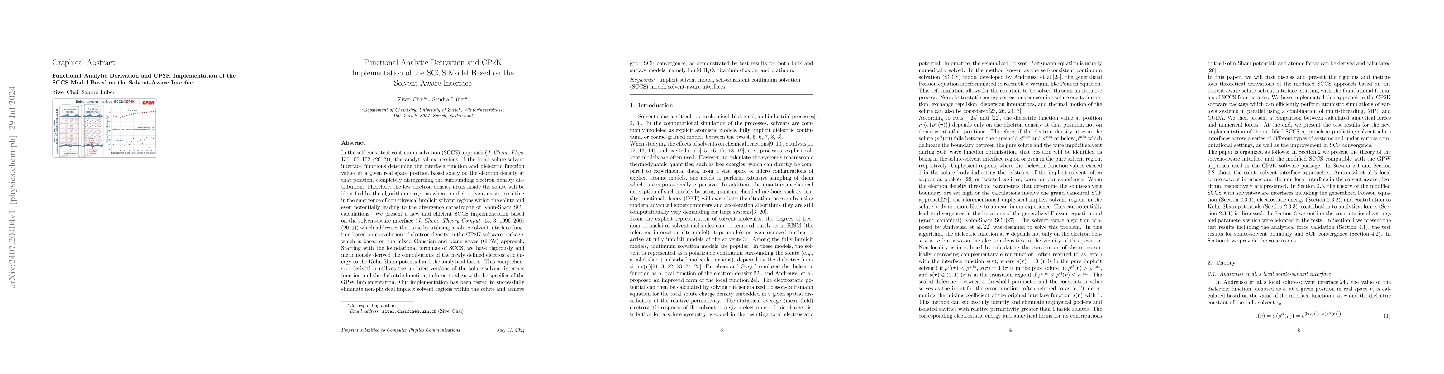 Thumbnail for Functional Analytic Derivation and CP2K Implementation of the SCCS Model
  Based on the Solvent-Aware Interface