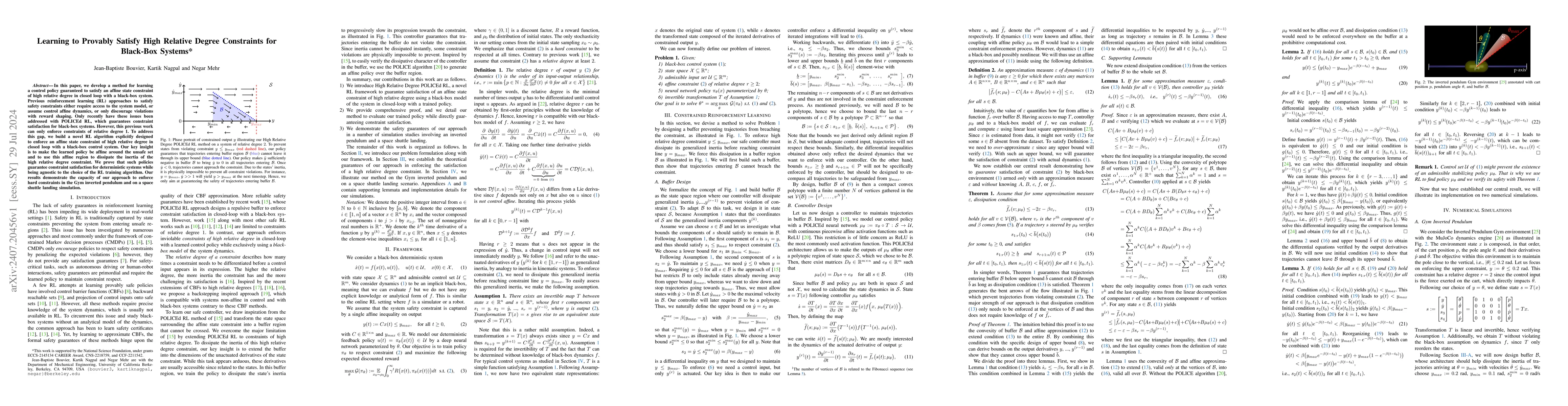 Thumbnail for Learning to Provably Satisfy High Relative Degree Constraints for
  Black-Box Systems